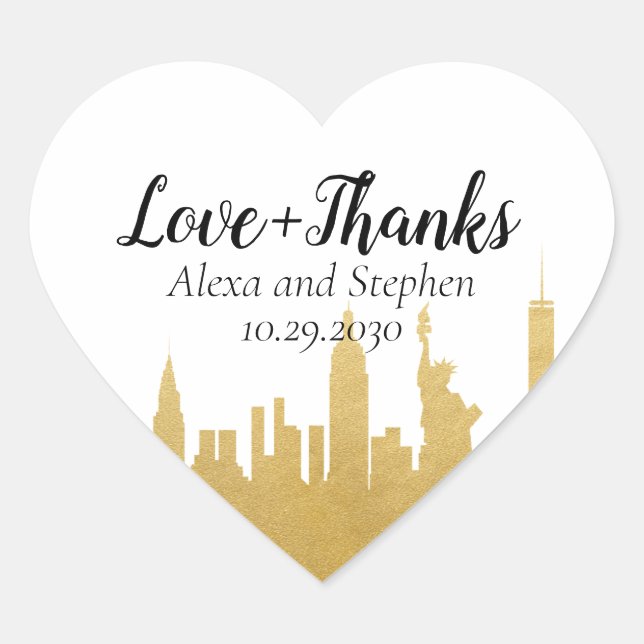 Sticker Cœur New York City NYC Skyline Gold Love and Thanks (Devant)