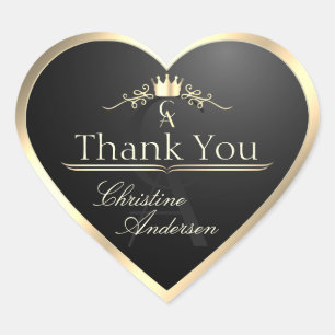 Sticker Cœur Noble Noir avec Cadre et Monogramme de Remerciemen