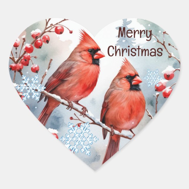 Sticker Cœur Noël, hiver Cardinal Red Bird Berries Forest (Devant)