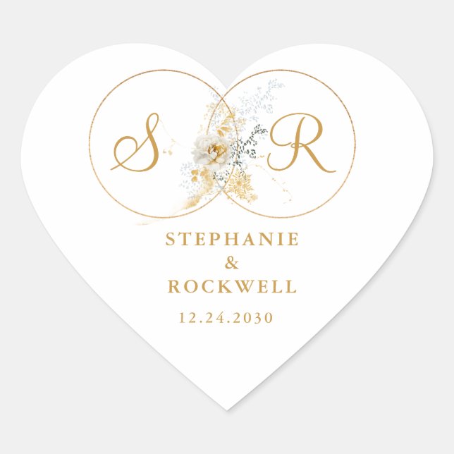 Sticker Cœur Nom du monogramme Or Elégant Mariage initial Coeur (Devant)