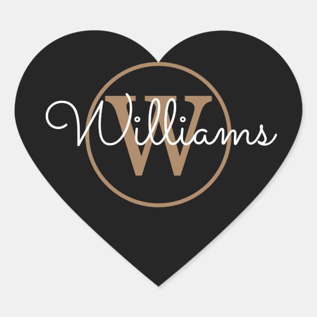 Sticker Cœur Nom élégant de monogramme noir et or (Devant)