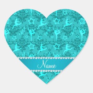 Sticker Cœur Nom personnalisé turquoise damask gymnastique