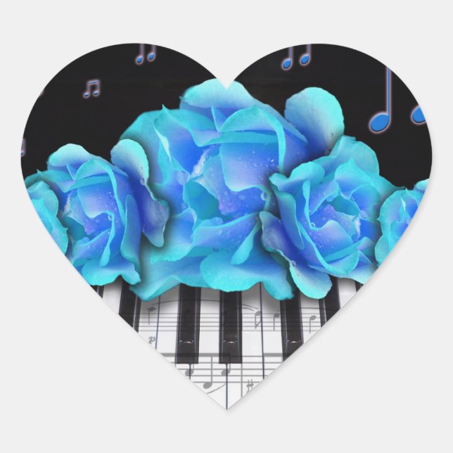 Sticker Cœur Notes de musique et clavier de piano Rose bleu (Devant)