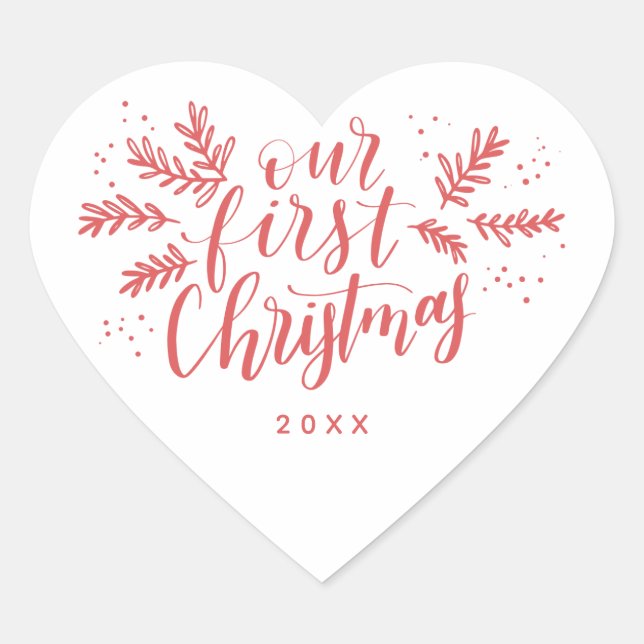 Sticker Cœur Notre premier Noël rouge à la main avec année (Devant)
