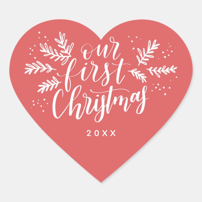 Sticker Cœur Notre premier Noël rouge à la main avec année (Devant)