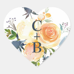 Sticker Cœur Nuit Bleue et Corail  Fleurs aquarelles pour maria