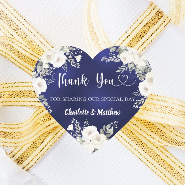 Sticker Cœur Nuit bleue florales blanches cœur merci mariage (Créateur téléchargé)