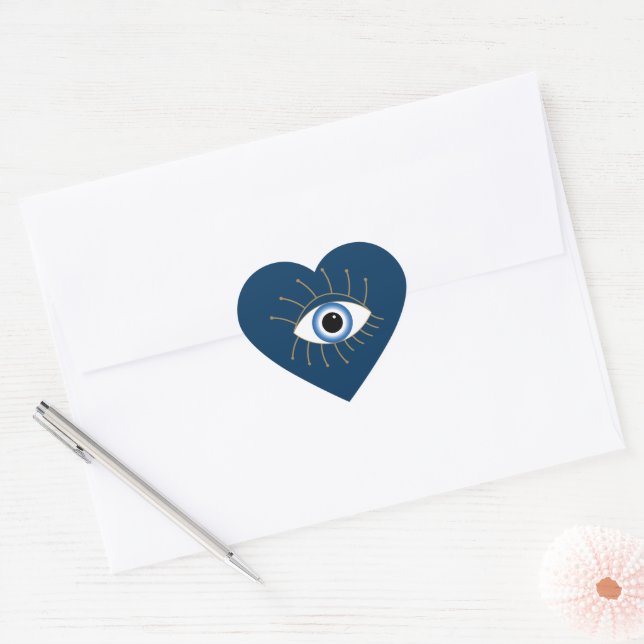 Sticker Cœur Oeil Mal Grec Avec Lashes Bleu Blanc Or (Enveloppe)