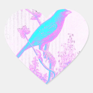 Sticker Cœur Oiseau bleu turquoise, rose pâle, violet, noir