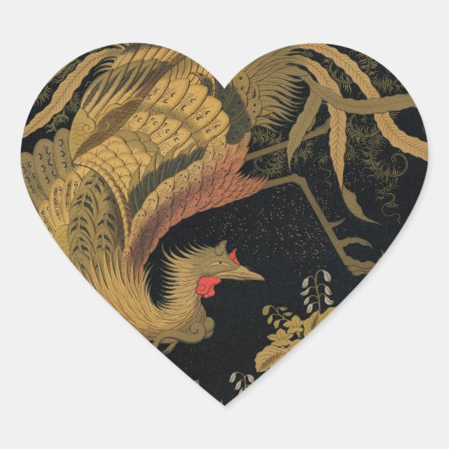 Sticker Cœur Oiseau de coq d'or Classique japonais Antique (Devant)