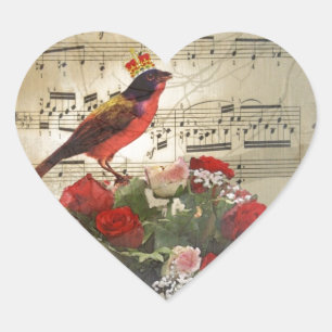 Sticker Cœur Oiseau rouge & rose sur la feuille de musique vint