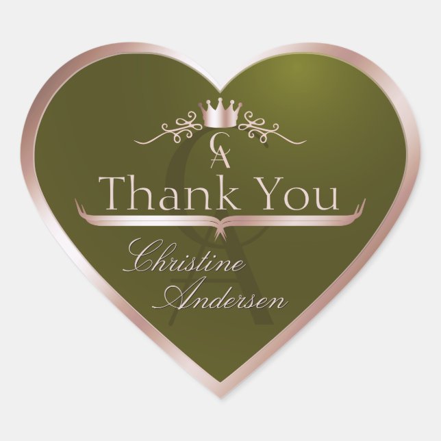 Sticker Cœur Olive Green Rose Gold Frame and Monogram Thank You (Devant)