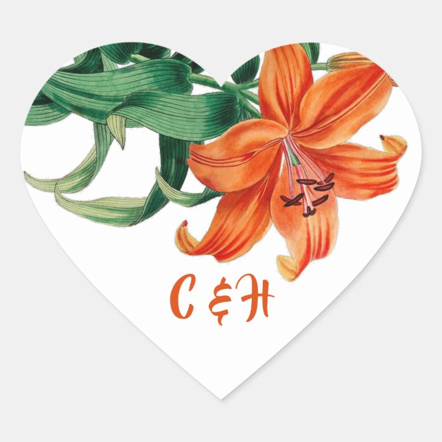Sticker Cœur Orange Lily Floral Mariage élégant (Devant)