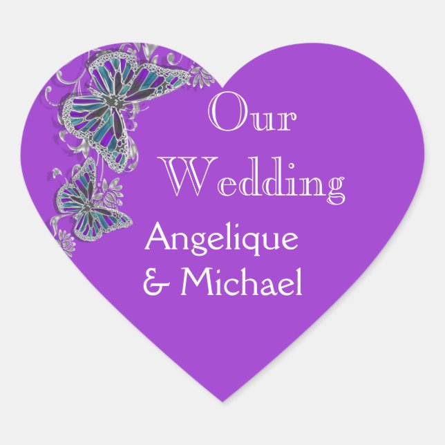 Sticker Cœur Papillon bleu violet mariage floral (Devant)