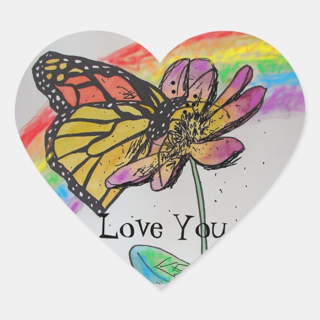 Sticker Cœur Papillon Monarque Arc-en-ciel Fleur amour peinture (Devant)