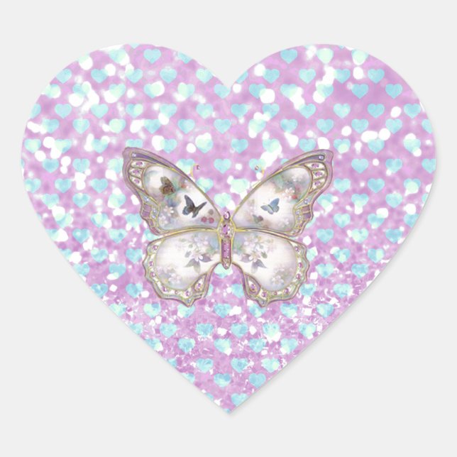 Sticker Cœur Papillon rose Fille Coeurs Bleus Motif de Parties  (Devant)