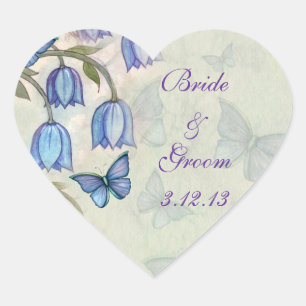 Sticker Cœur Papillons d'aquarelle et Mariage de fleurs bleues