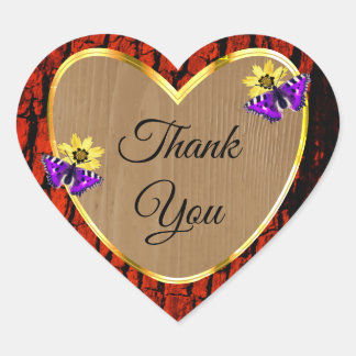 Sticker Cœur Papillons violets en bois rustique or mignon merci
