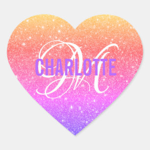 Sticker Cœur Parties scintillant arc-en-ciel colorée Nom du mo