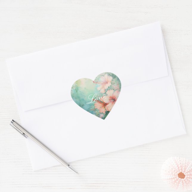 Sticker Cœur Pêche tropicale Hibiscus blanc Mariage floral (Enveloppe)