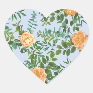 Sticker Cœur Pêcher bleu clair Mariage Roses Floral