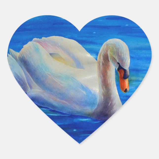 Sticker Cœur Peinture d'aquarelle de cygne blanc, sauvagine, oi (Devant)