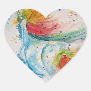 Sticker Cœur Peinture Unicorne Aquarelle Peinture Arc-en-ciel