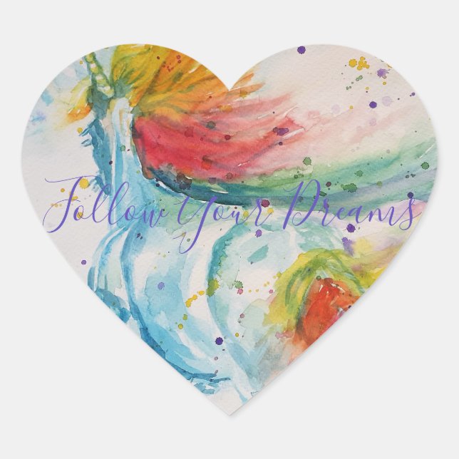 Sticker Cœur Peinture Unicorne Suivez vos rêves Aquarelle (Devant)