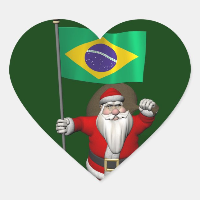 Sticker Cœur Père Noël Avec L'Ensigne Du Brésil (Devant)