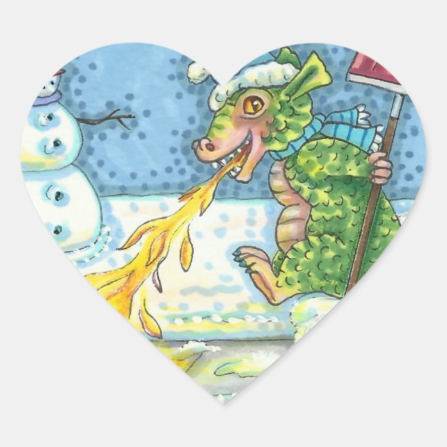 STICKER CŒUR PETIT DRAGON MELTING & SHOVELING NEIGE, FUNNY CUTE (Devant)