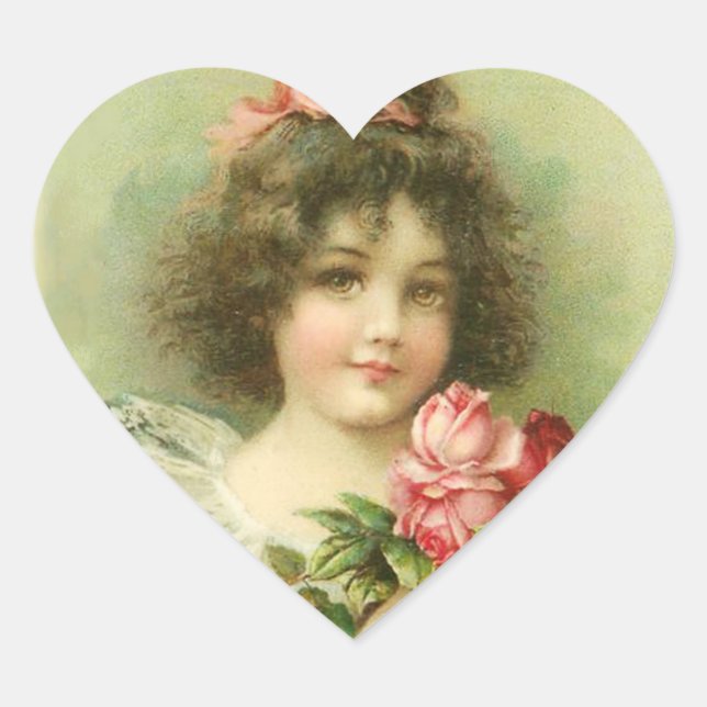 Sticker Cœur Petite fille aux roses roses roses Saint Valentin (Devant)