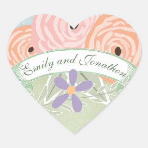 Sticker Cœur Phoque Mariage rose vert et lavande