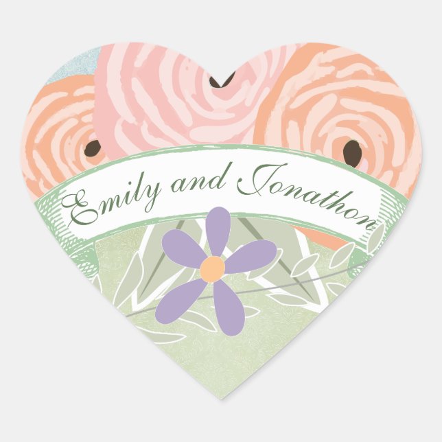 Sticker Cœur Phoque Mariage rose vert et lavande (Devant)