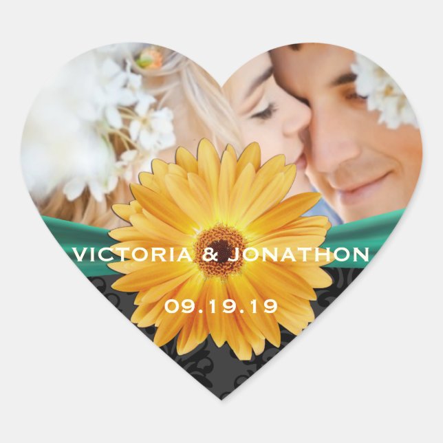 Sticker Cœur Photo Emerald et Yellow Gerber Daisy Mariage (Devant)