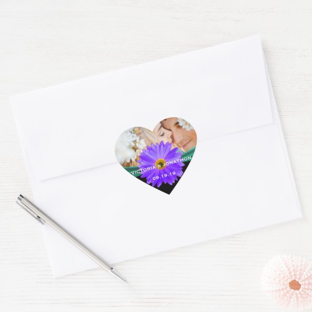 Sticker Cœur Photo Emerald Green Purple Gerber Daisy Mariage (Enveloppe)