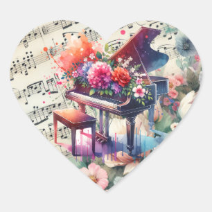 Sticker Cœur Piano et Fleurs aquarelles
