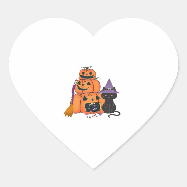 Sticker Cœur Pile Citrouille d'Halloween avec chat noir, bonbon (Devant)