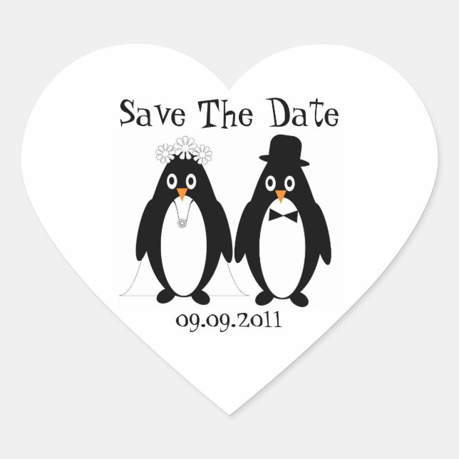 Sticker Cœur Pingouin Enregistrer la date Mariage Faire-part (Devant)