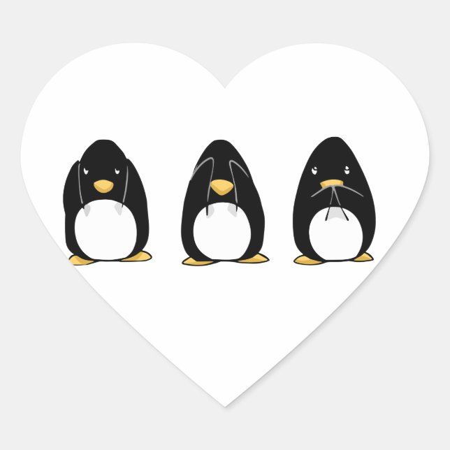 Sticker Cœur Pingouin mignon Voir Parler Entendre Aucun Mal (Devant)
