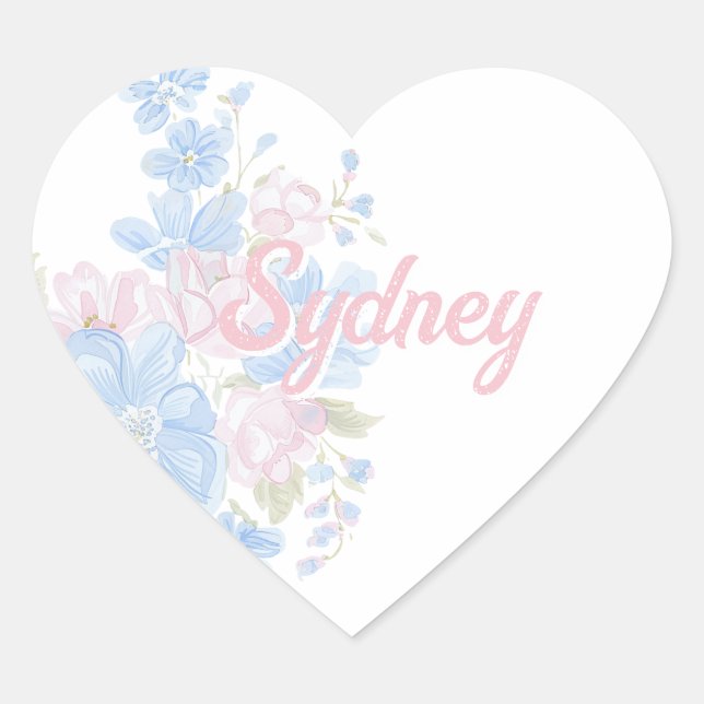 Sticker Cœur Pink and Blue Floral Grandmillennial | Name (Devant)