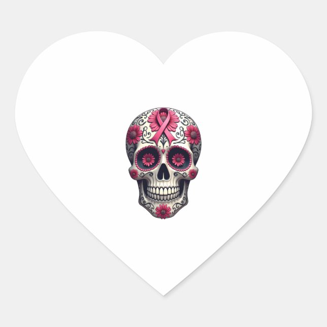 Sticker Cœur Pink Ribbon Sugar Skull Calavera Breast Cancer Awa (Devant)