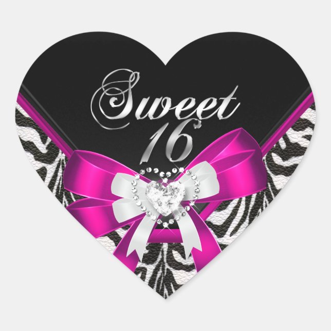 Sticker Cœur Pink Zebra Black Sweet sixteen 16 Anniversaire (Devant)