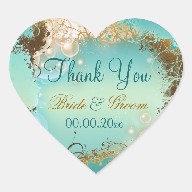 Sticker Cœur Plage "merci" mariage aqua blanc (Devant)