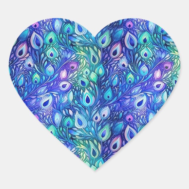 Sticker Cœur Plumes de Peacock de Monnaie Bleue Violet (Devant)