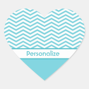 Sticker Cœur Préppy Aqua Chevrons Bleus et Blancs avec nom