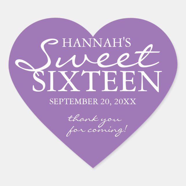 Sticker Cœur Purple & Blanc Sweet 16 Anniversaire Fête Faveur S (Devant)
