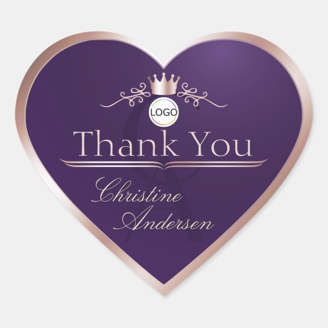 Sticker Cœur Purple Rose Gold Frame Logo and Monogram Thank You (Devant)