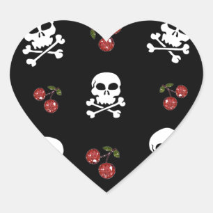 Sticker Cœur RAB Rockabilly Skuls et Cerises sur Noir