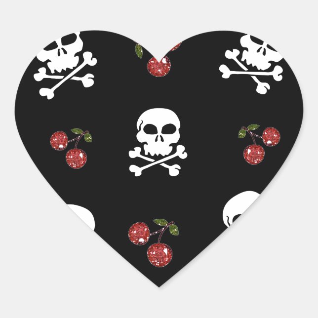 Sticker Cœur RAB Rockabilly Skuls et Cerises sur Noir (Devant)