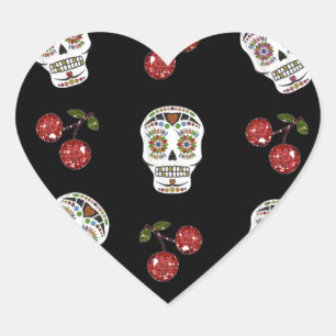 Sticker Cœur RAB Rockabilly Sugar Skulls Cerises Sur Fond Noir
